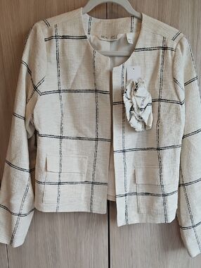 Cream Windowpane Jacket with  Removeable Floral Accent